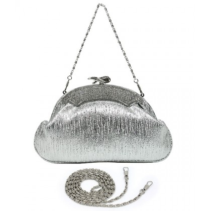 Evening Bag - 12 PCS - Shimmer Crescent Shape W/Rhinestone Accent Frame - Silver - BG-651EL-SV